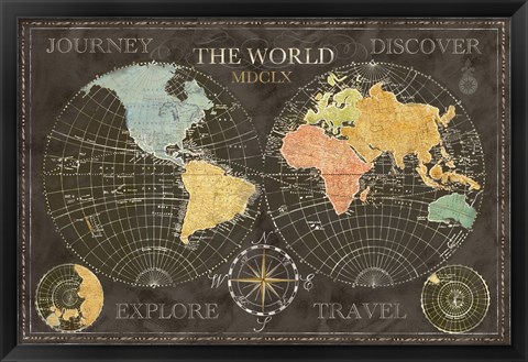 Framed Old World Journey Map Black Print