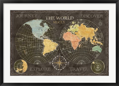 Framed Old World Journey Map Black Print