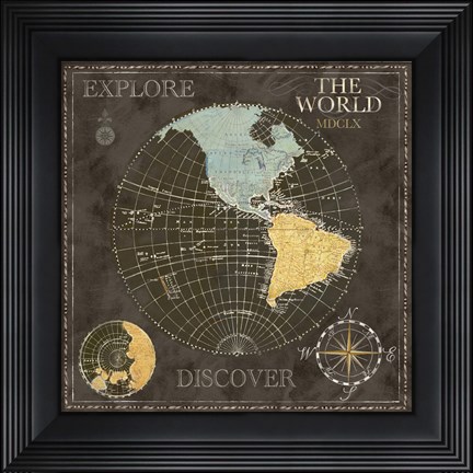 Framed Old World Journey Map Black I Print