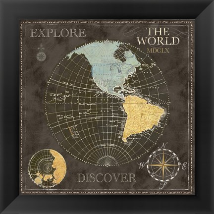 Framed Old World Journey Map Black I Print