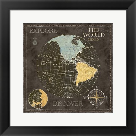 Framed Old World Journey Map Black I Print