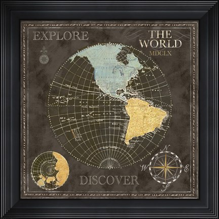 Framed Old World Journey Map Black I Print
