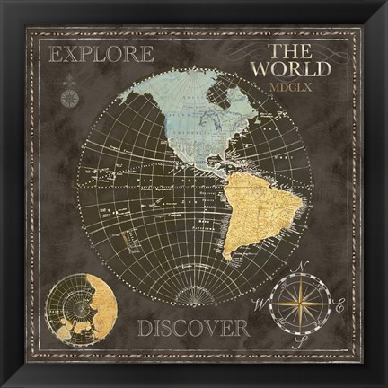 Framed Old World Journey Map Black I Print