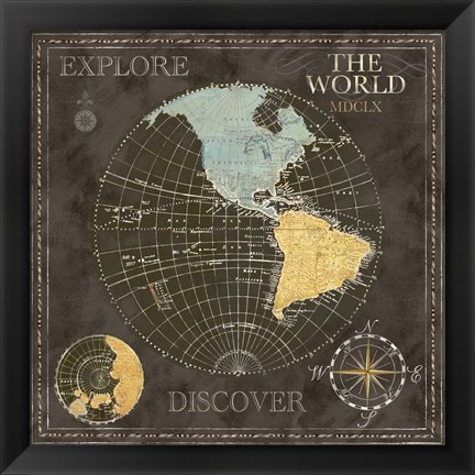 Framed Old World Journey Map Black I Print