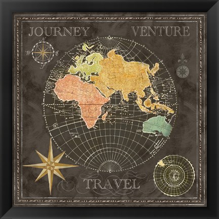 Framed Old World Journey Map Black II Print