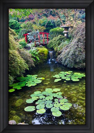 Framed Red Bridge, Autumn Color, Butchard Gardens, Victoria, British Columbia, Canada Print