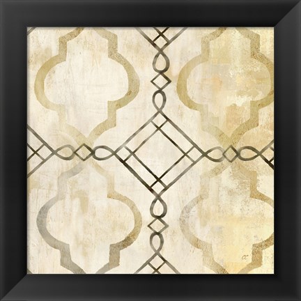 Framed Abstract Waves Black/Gold Tiles I Print