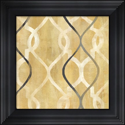 Framed Abstract Waves Black/Gold Tiles II Print