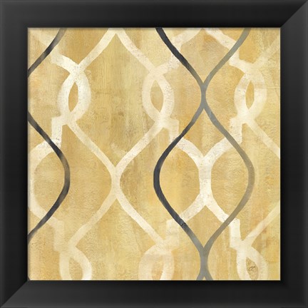 Framed Abstract Waves Black/Gold Tiles II Print