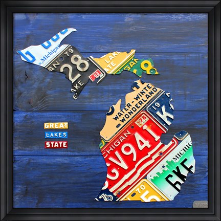 Framed Michigan Blue License Plate Map Print