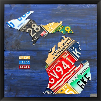 Framed Michigan Blue License Plate Map Print