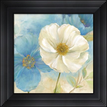 Framed Watercolor Poppies I (Blue/White) Print