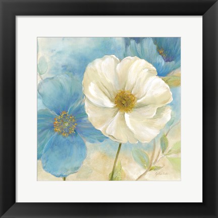 Framed Watercolor Poppies I (Blue/White) Print