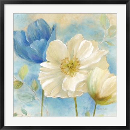 Framed Watercolor Poppies II (Blue/White) Print