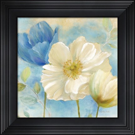 Framed Watercolor Poppies II (Blue/White) Print