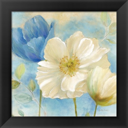 Framed Watercolor Poppies II (Blue/White) Print