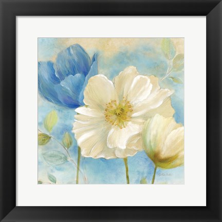 Framed Watercolor Poppies II (Blue/White) Print