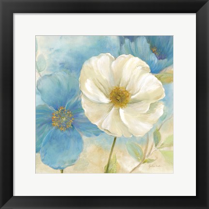 Framed Watercolor Poppies I (Blue/White) Print