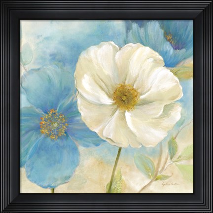 Framed Watercolor Poppies I (Blue/White) Print