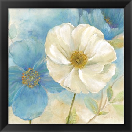 Framed Watercolor Poppies I (Blue/White) Print