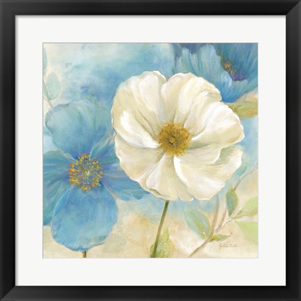 Framed Watercolor Poppies I (Blue/White) Print