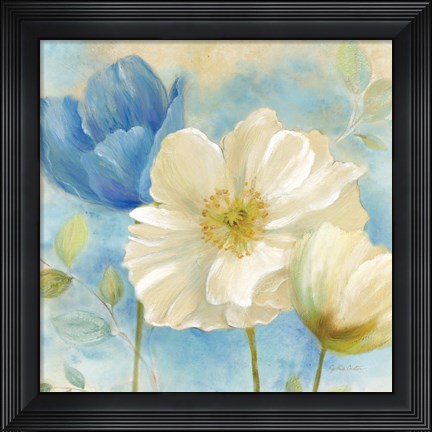Framed Watercolor Poppies II (Blue/White) Print