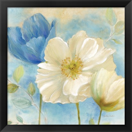 Framed Watercolor Poppies II (Blue/White) Print