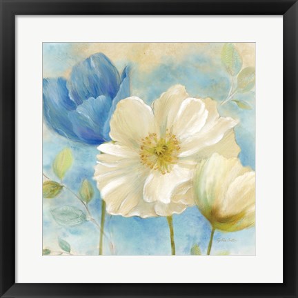 Framed Watercolor Poppies II (Blue/White) Print