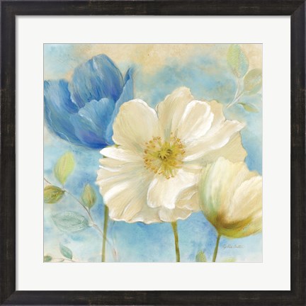 Framed Watercolor Poppies II (Blue/White) Print