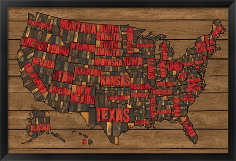 Framed Printers Block US Map Red Print