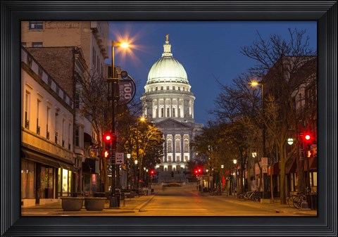 Framed Looking down State Street in downtown Madison, Wisconsin Print