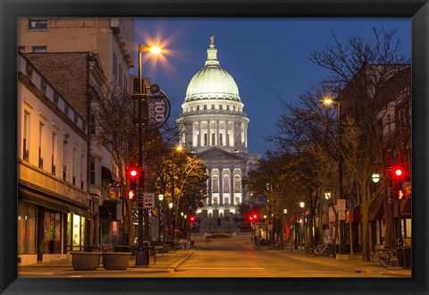 Framed Looking down State Street in downtown Madison, Wisconsin Print