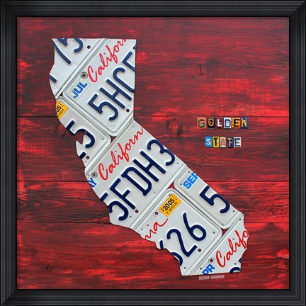 Framed California License Plate Map - Red Print