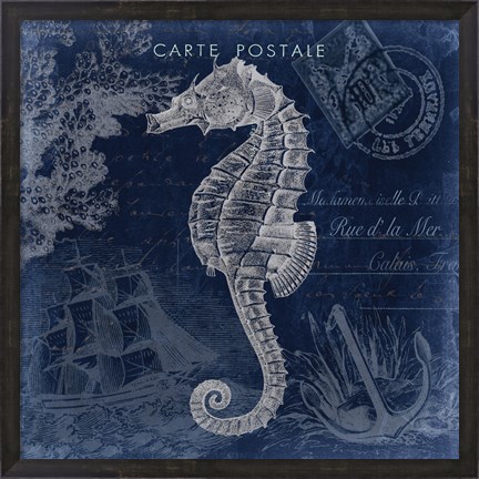 Framed Seaside Postcard Navy II Print