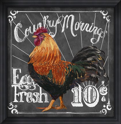 Framed Rooster on Chalkboard I Print