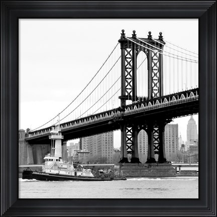 Framed Manhattan Bridge with Tug Boat (b/w) Print