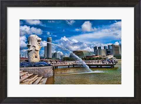 Framed Symbol of Singapore and Downtown Skyline in Fullerton area, Clarke Quay, Merlion Print