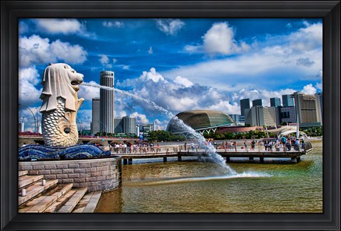 Framed Symbol of Singapore and Downtown Skyline in Fullerton area, Clarke Quay, Merlion Print