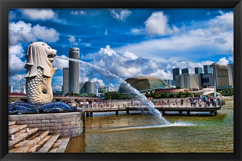 Framed Symbol of Singapore and Downtown Skyline in Fullerton area, Clarke Quay, Merlion Print