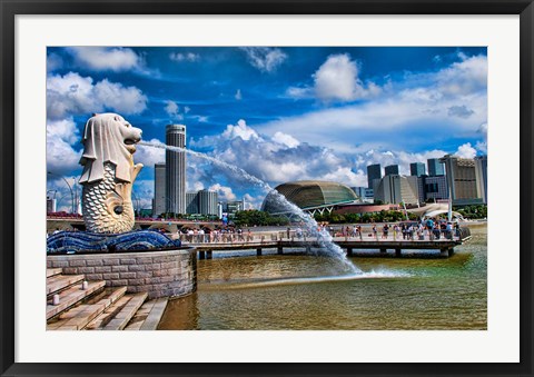 Framed Symbol of Singapore and Downtown Skyline in Fullerton area, Clarke Quay, Merlion Print