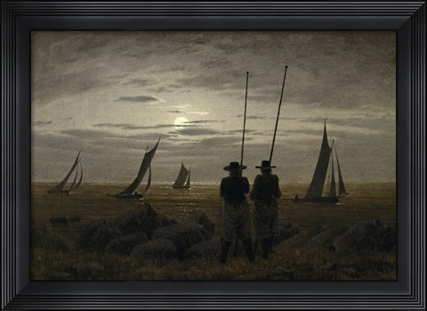 Framed Moonlit Night on the Beach, with Fishermen Print