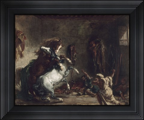 Framed Arab Horses Fighting in a Stable, 1860 Print