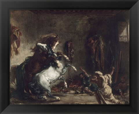 Framed Arab Horses Fighting in a Stable, 1860 Print