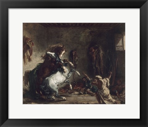 Framed Arab Horses Fighting in a Stable, 1860 Print