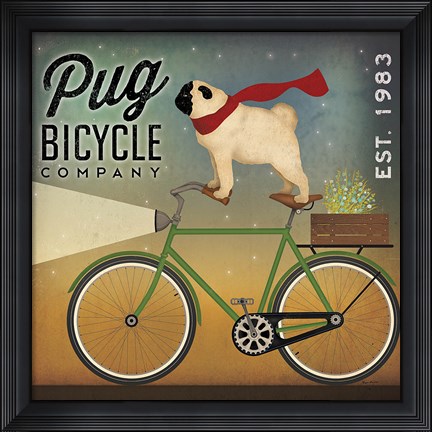 Framed Pug on a Bike Print