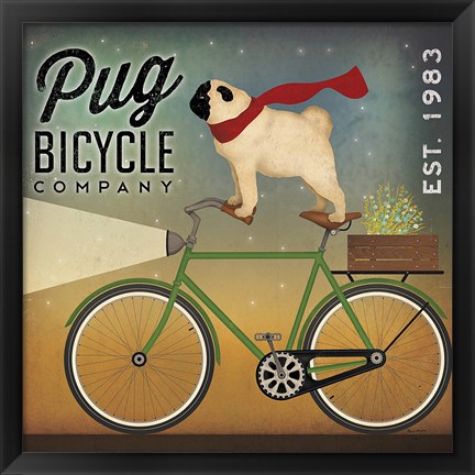 Framed Pug on a Bike Print