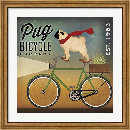 Framed Pug on a Bike Print