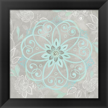 Framed Jacobean Damask Blue/Gray I Print