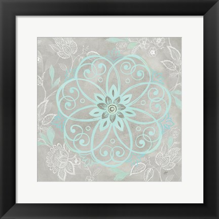 Framed Jacobean Damask Blue/Gray I Print