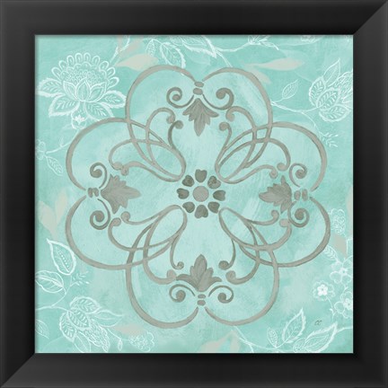 Framed Jacobean Damask Blue/Gray II Print